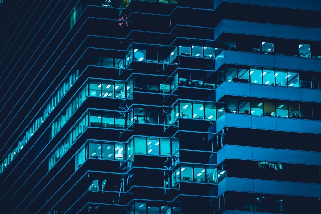 Facade of modern building at night